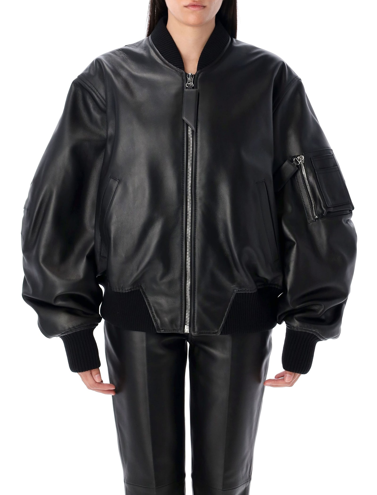 Attico Anja Leather Bomber Jacket In Black