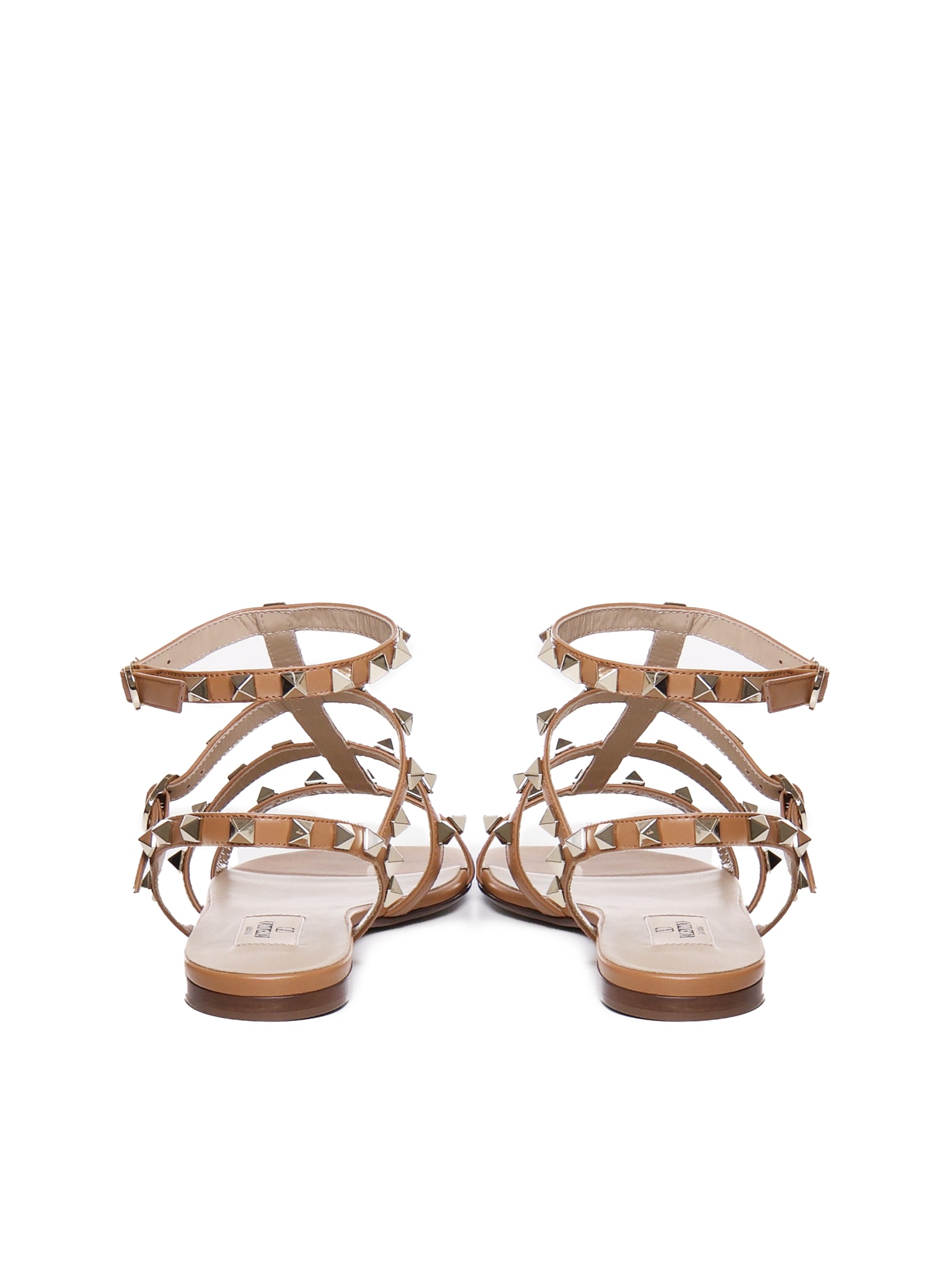 Valentino Rockstud Flat Calfskin Sandals With Straps In Beige