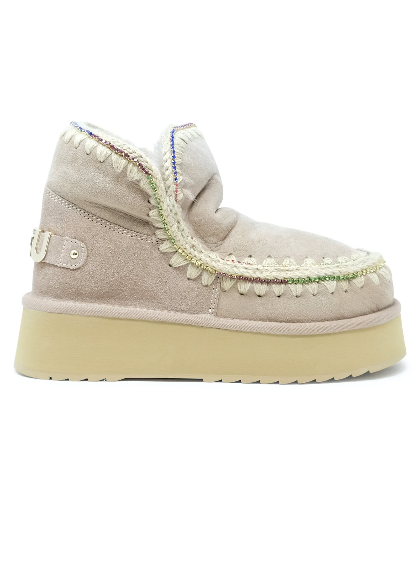 Camel Eskimo 18 Rhinestones Leather Wool Rubber Platform Sneaker