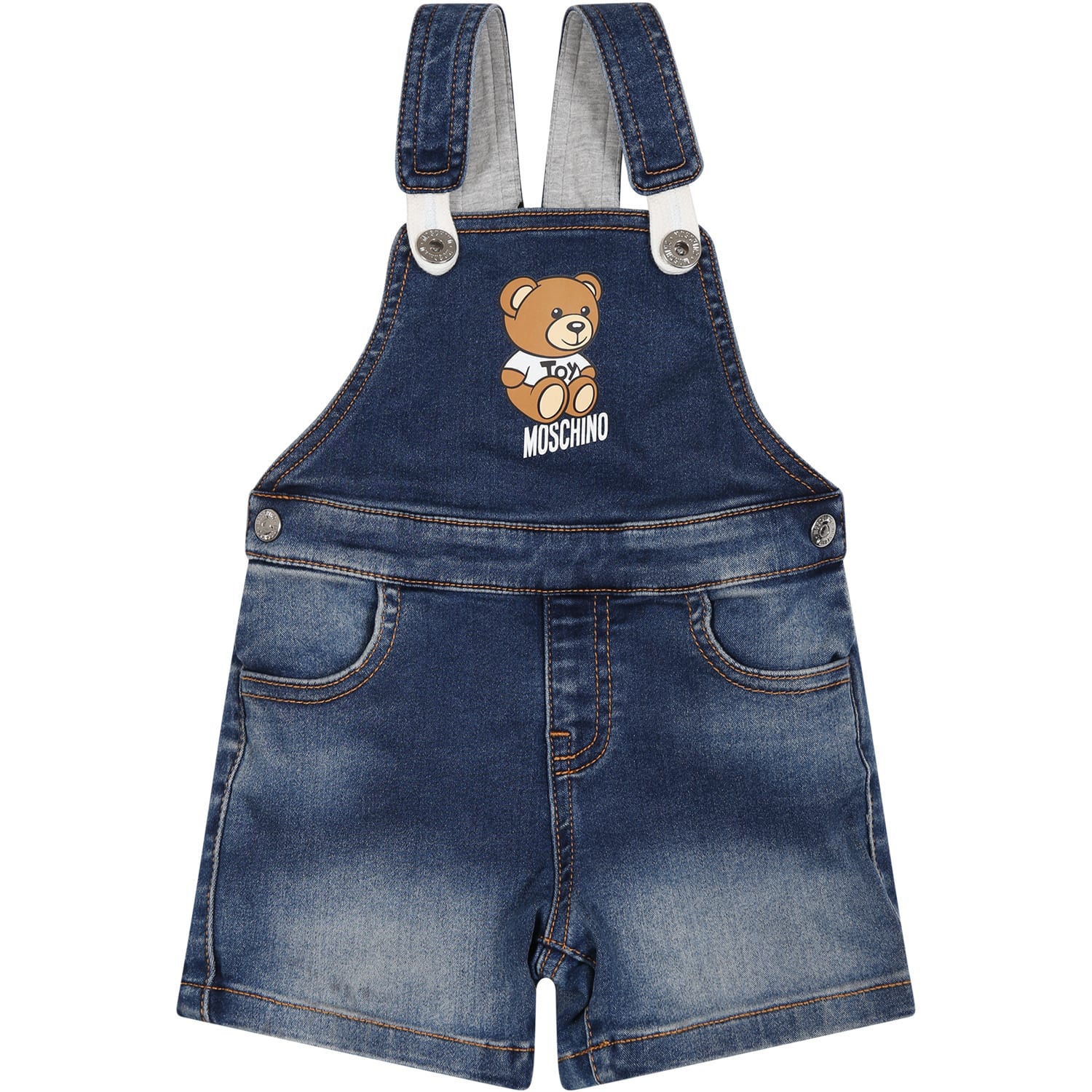 MOSCHINO BLUE DUNGAREES FOR BAY GIRL WITH TEDDY BEAR AND LOGO