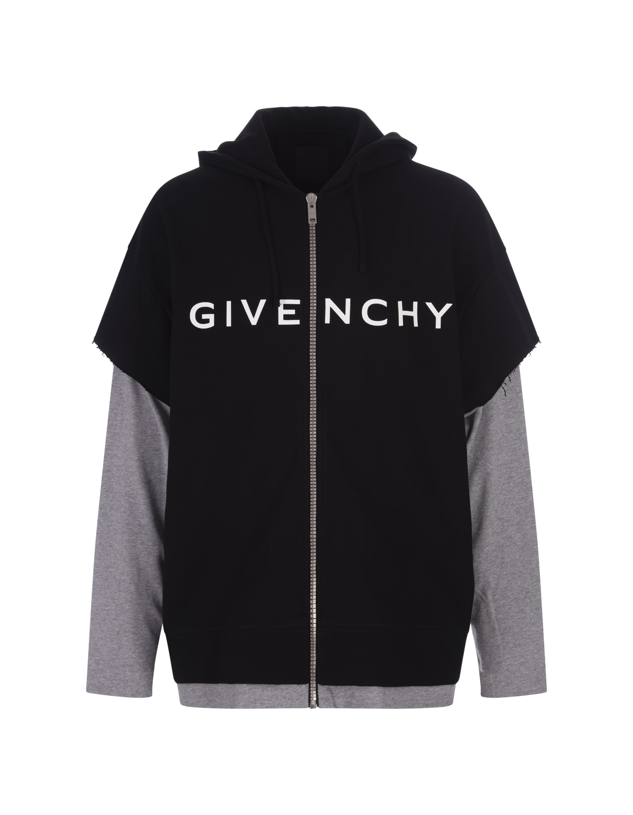 GIVENCHY BLACK AND GREY DOUBLE LAYER ZIPPED HOODIE