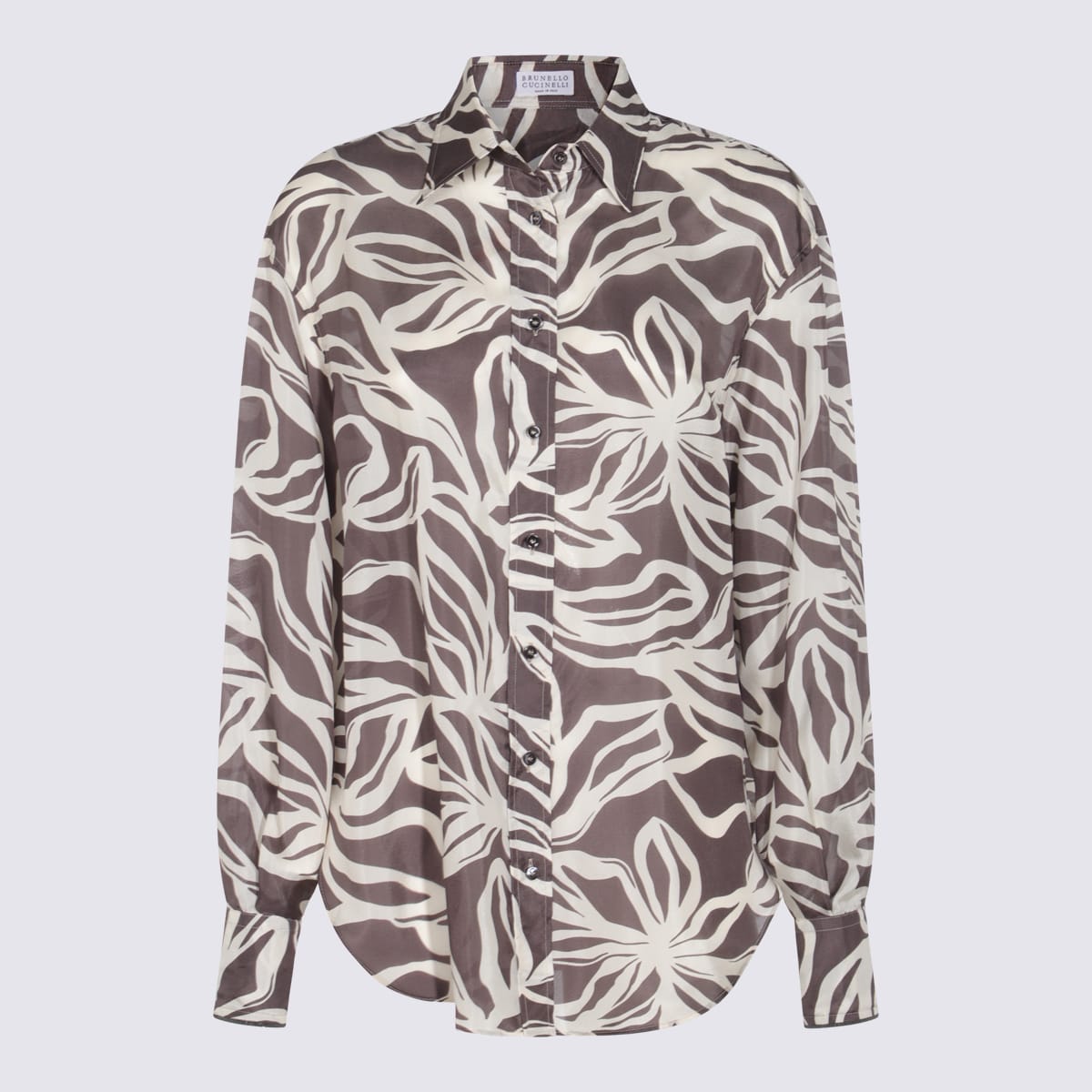 Brunello Cucinelli Collared Floral Pattern Long Sleeves Cuffed Top In Brown