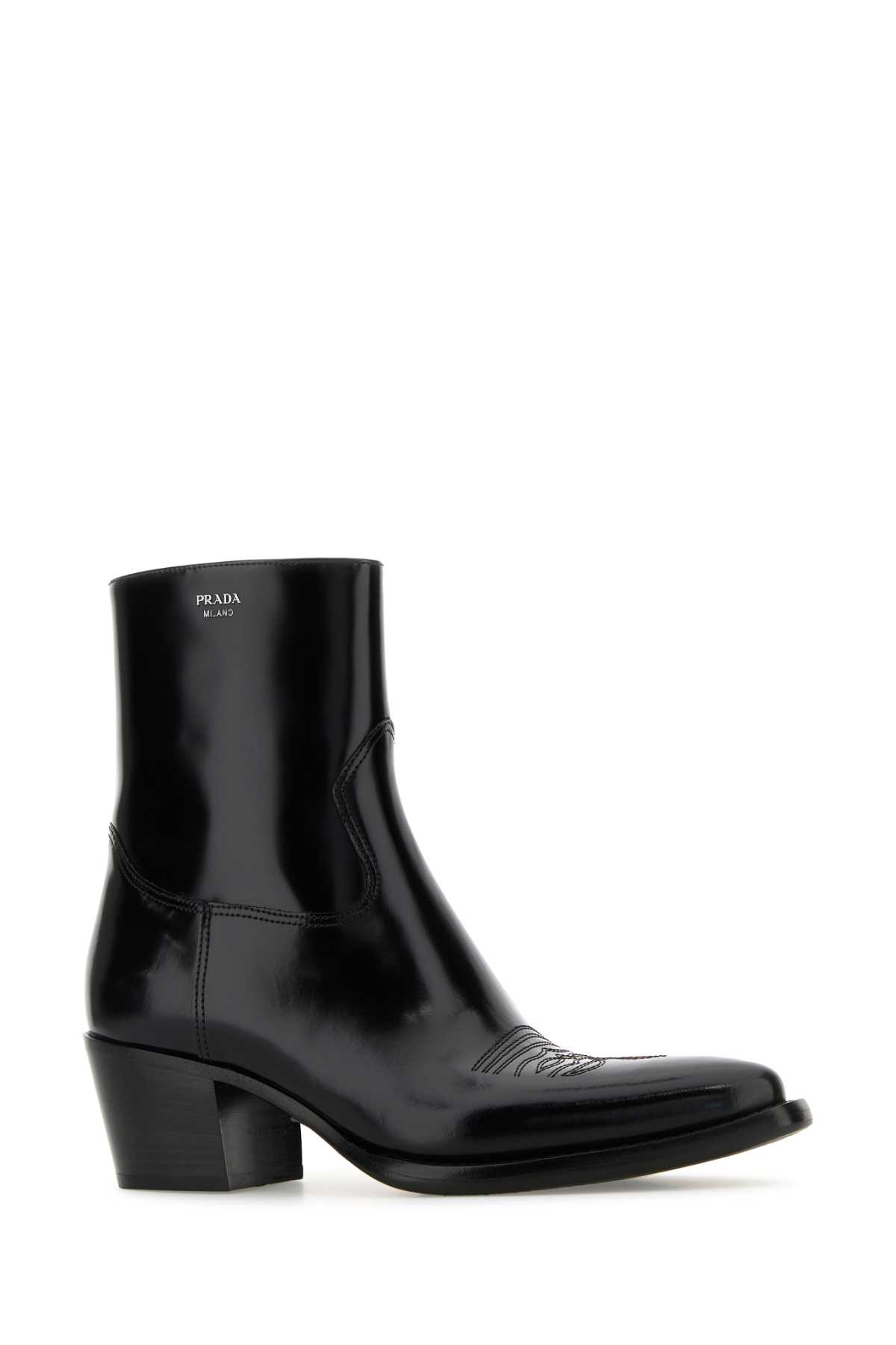 Prada Block Heel Leather Ankle Boots In Black