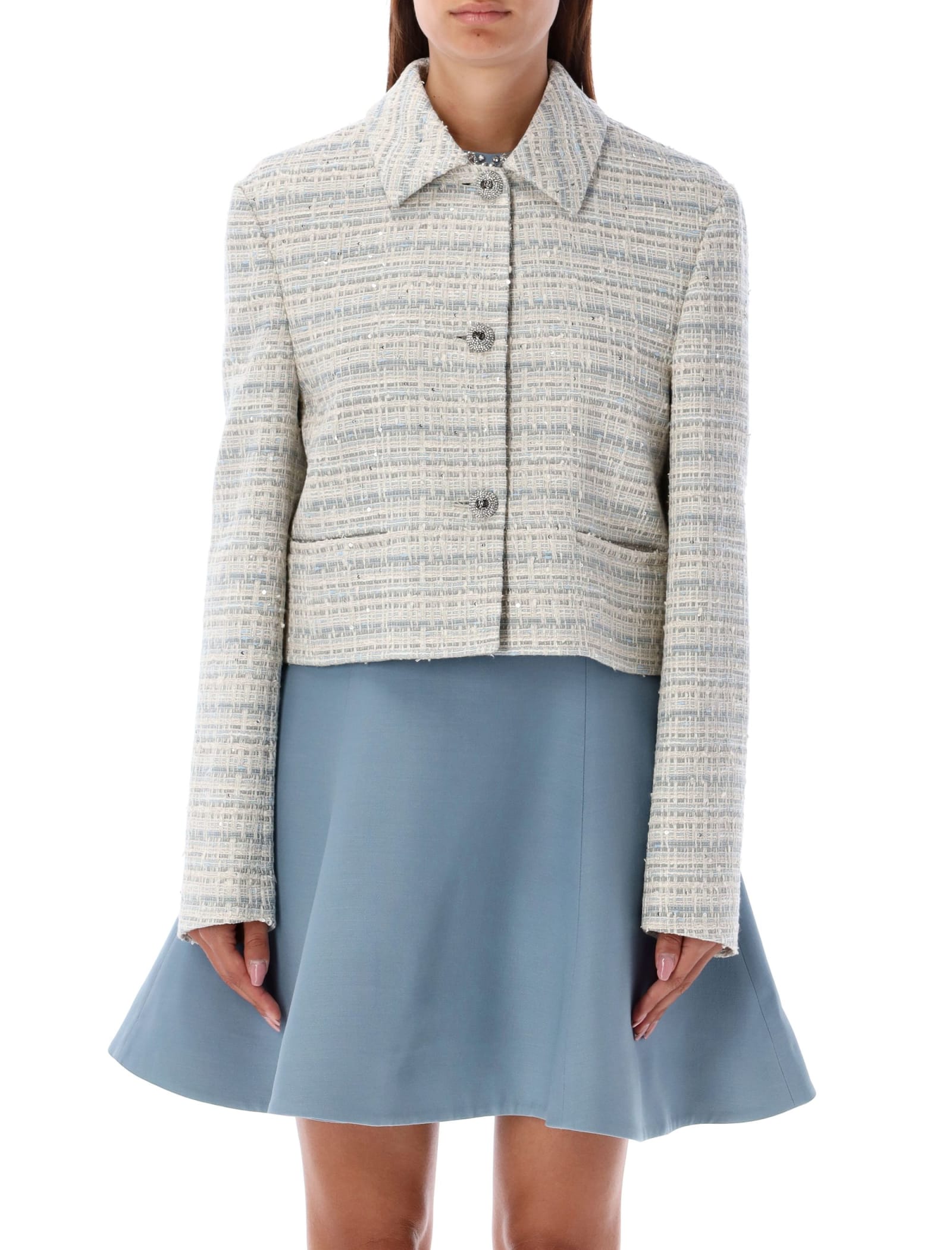 Shop Valentino Short Tweed Jacket In Avorio Blue