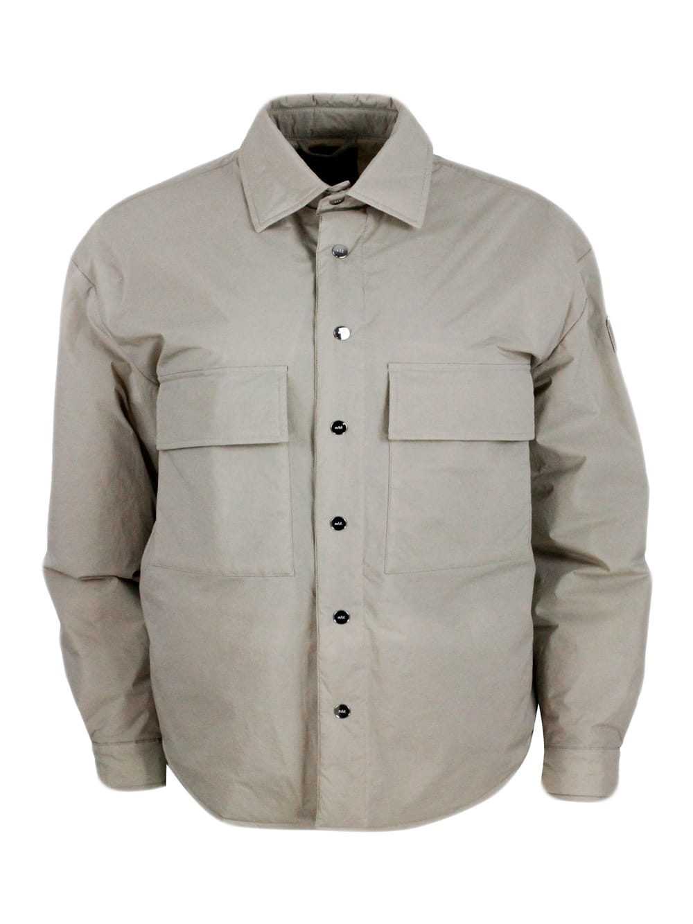 Shop Add Lightly Ped Shirt Jacket In Recycled Material With Patch Pockets And Snap Button Closure In Stone Grey
