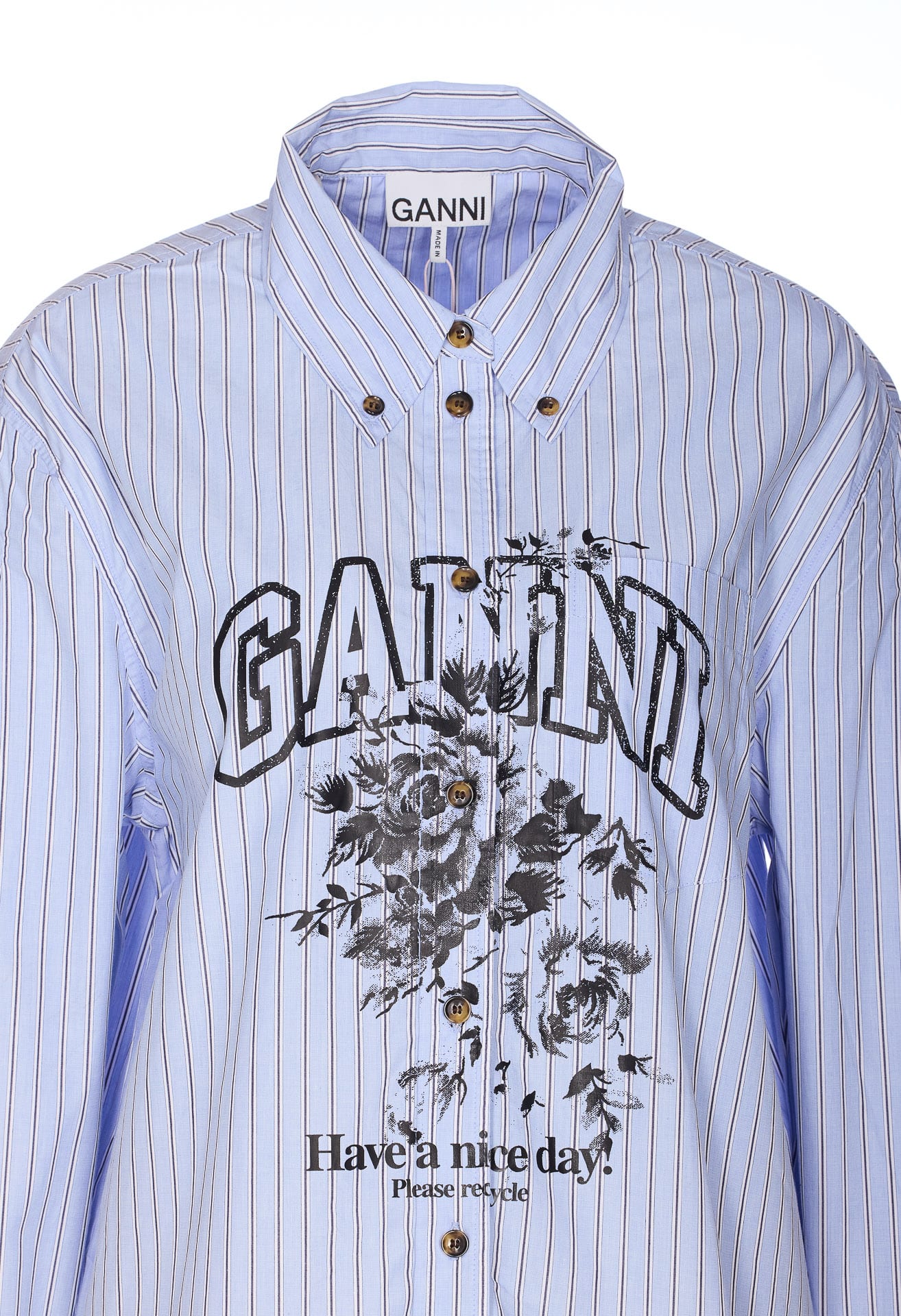 Ganni Long Sleeve Cotton Shirt With Graphic Print In Blue