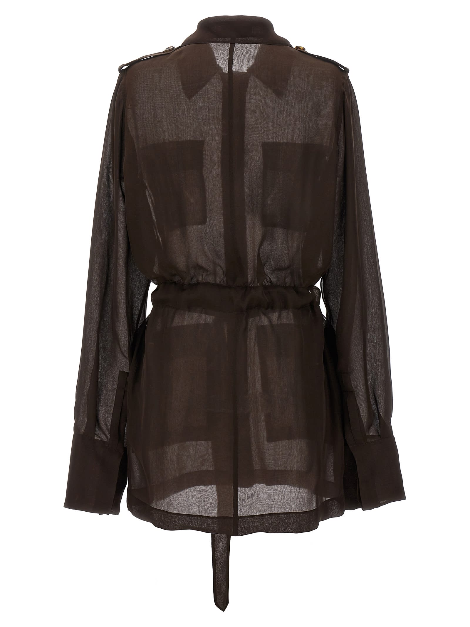 Saint Laurent Biologic Silk Dress With Belt At Waist In Brown