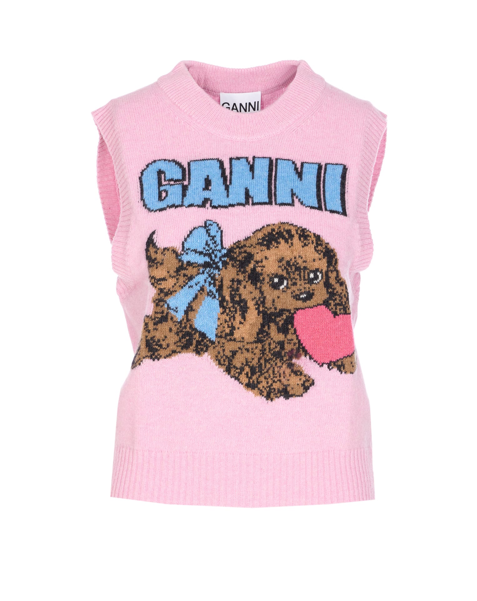 Ganni Puppy Love Graphic Wool Vest In Pink