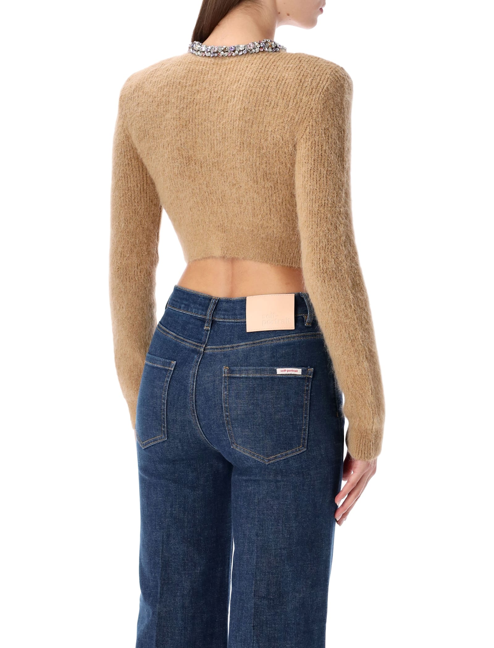 Self-portrait Camel Alpaca Cropped Cardigan With Crystal Trims In Brown