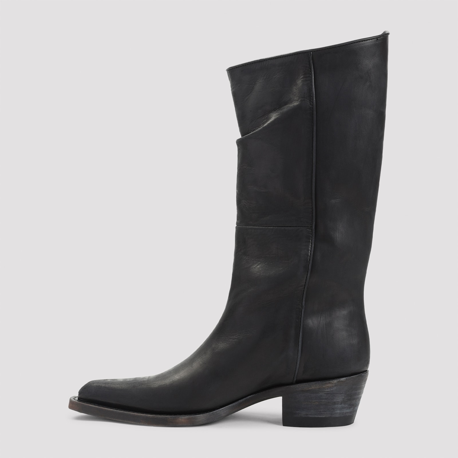 Khaite Mid-calf Black Leather Boots With Pointed Toe And Stacked Heel In Black