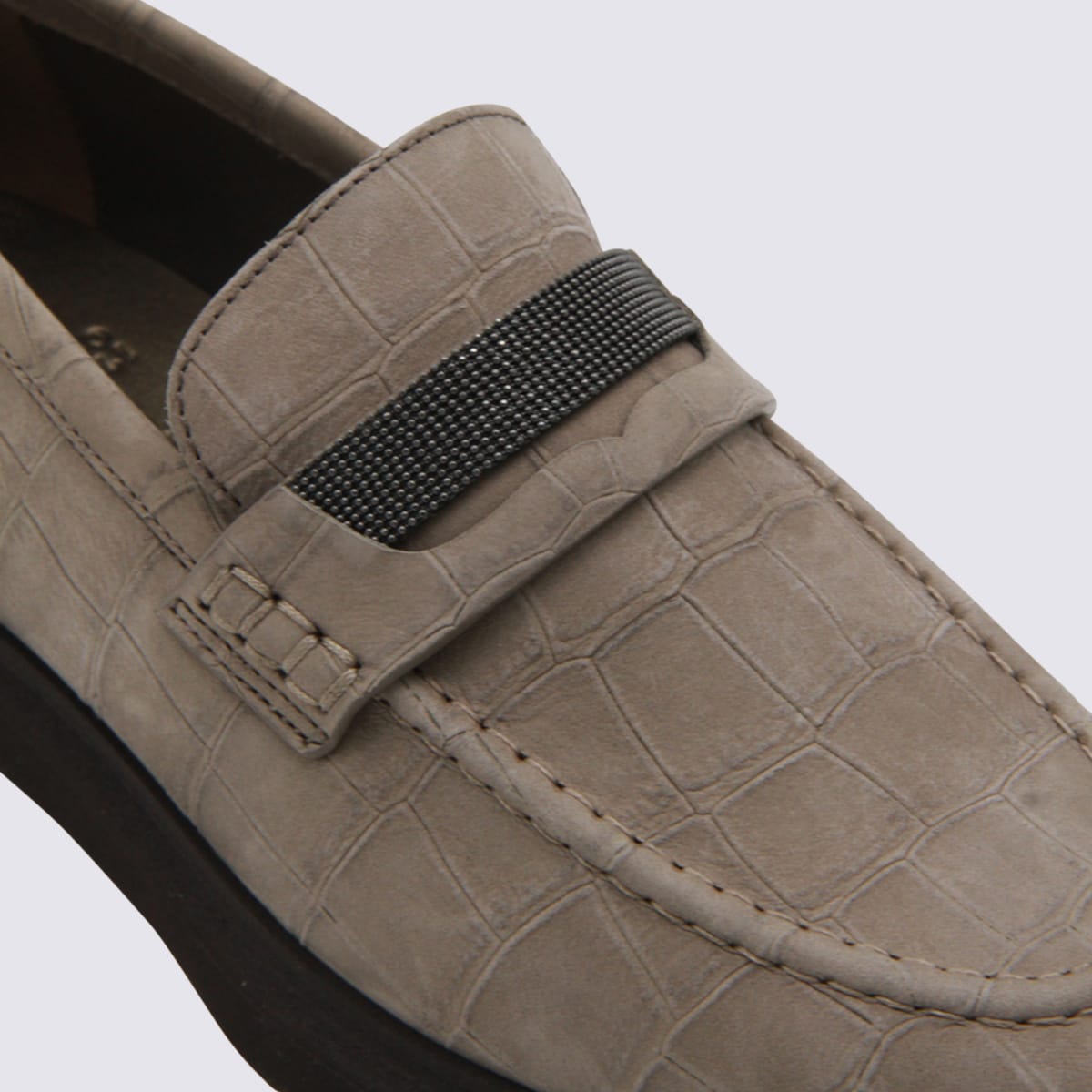 Brunello Cucinelli Crocodile Effect Round Toe Flat Sole Loafers In Neutral