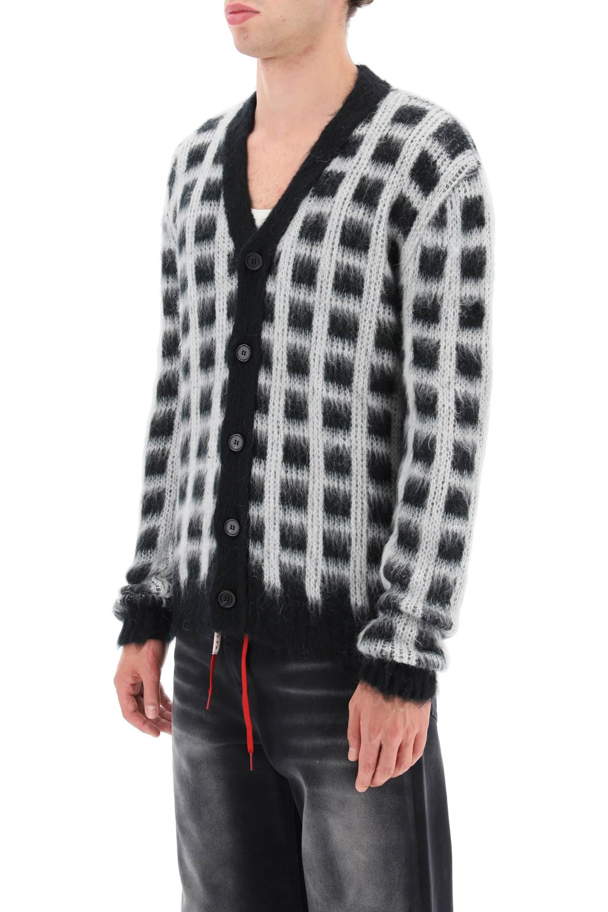 Shop Marni Brushed-yarn Cardigan With Check Pattern In Black (white)