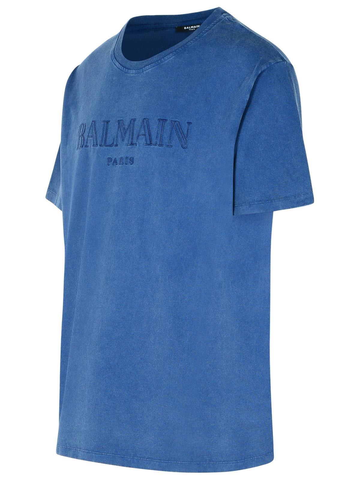 Shop Balmain Logo Embroidered Crewneck T-shirt In Blu