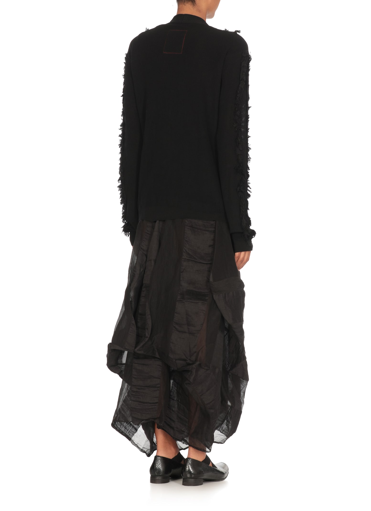 Uma Wang Textured Black Cotton Cardigan With Fringed Details In Black
