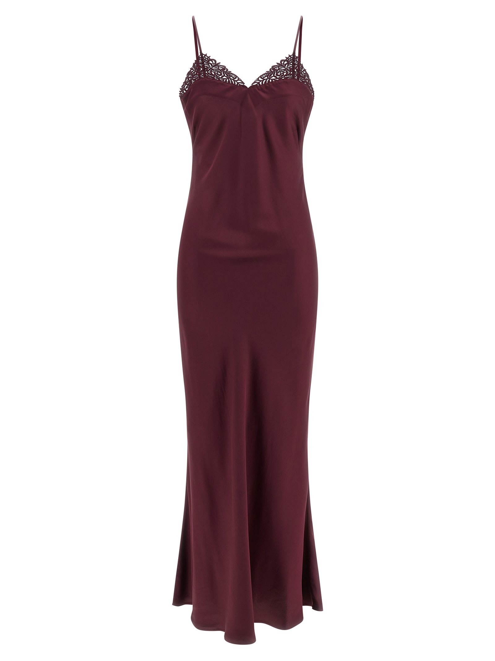 Twinset Satin Slip Dress With Lace Neckline In Burgundy