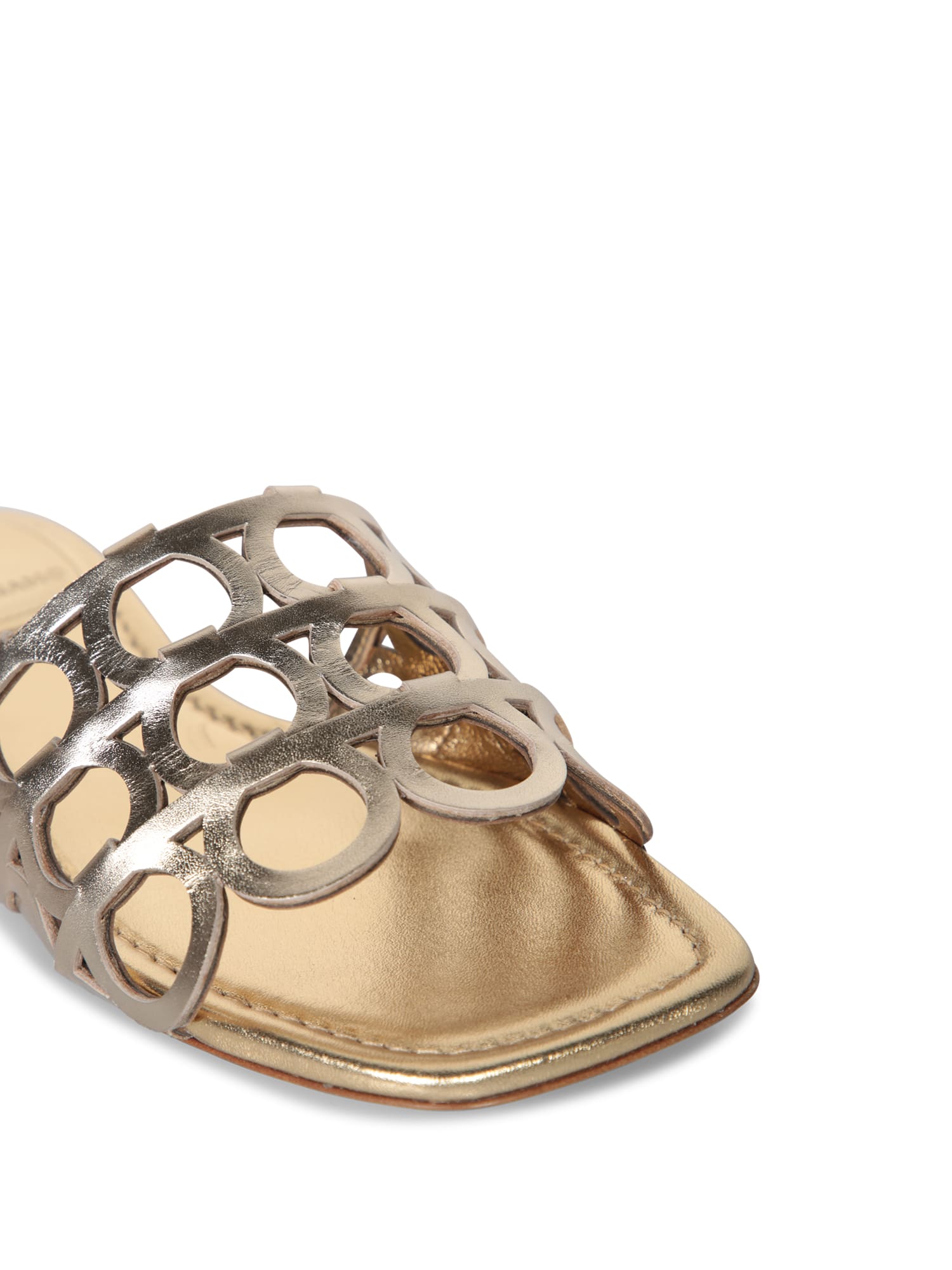 Ferragamo Erne Logo Monogram Metallic Leather Sandals