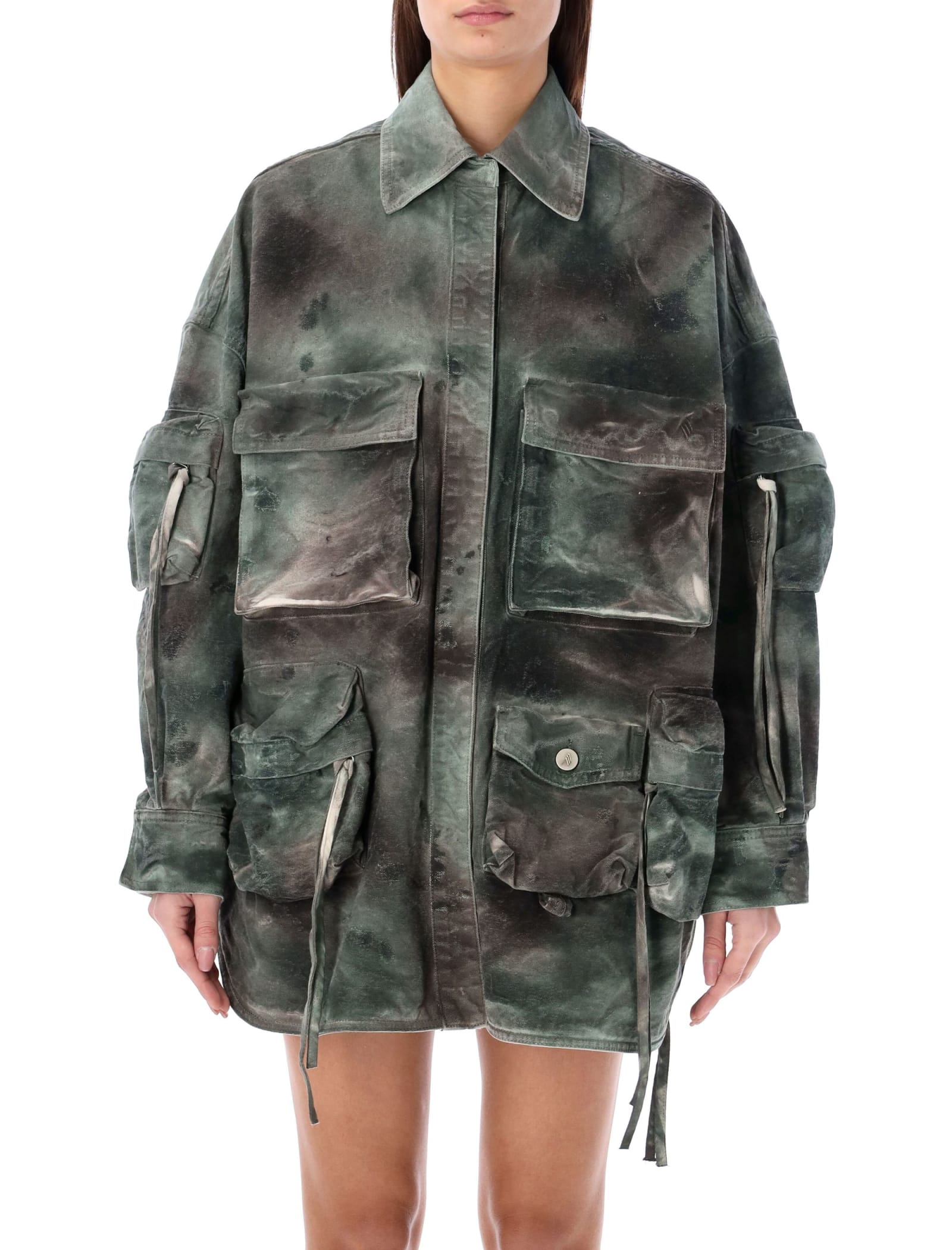Shop Attico Fern Short Coat In Green Camoufalge