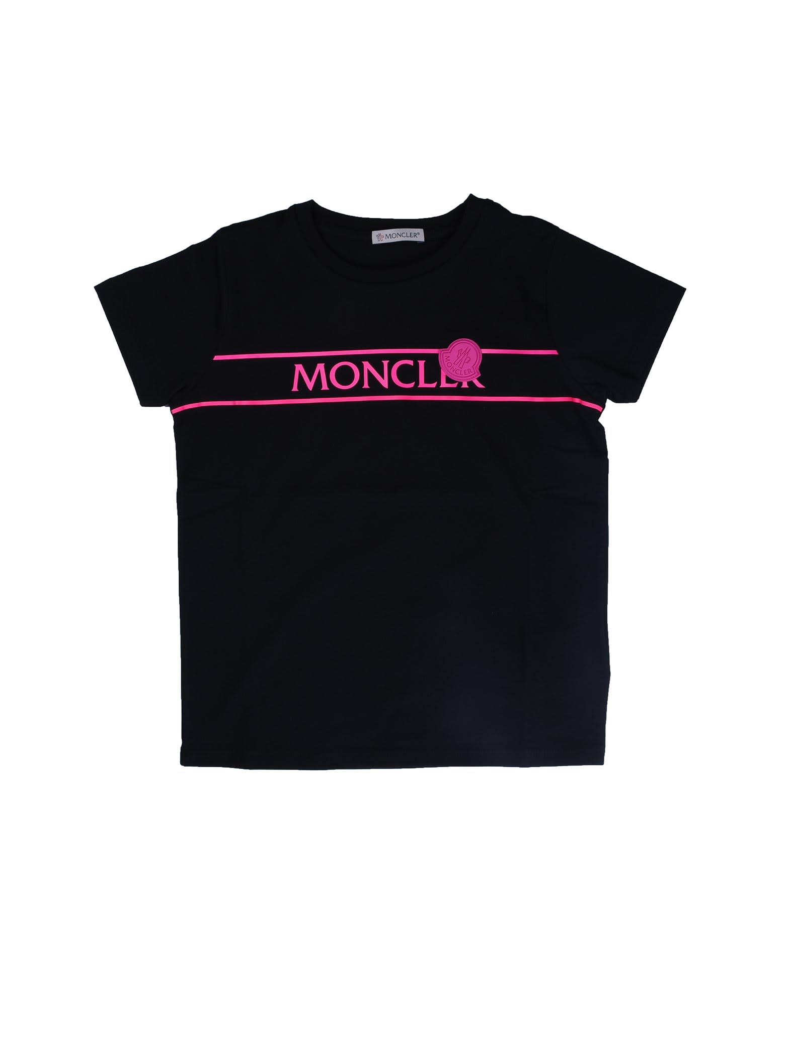 Moncler Black Short Sleeve T Shirt With Fluo Writing