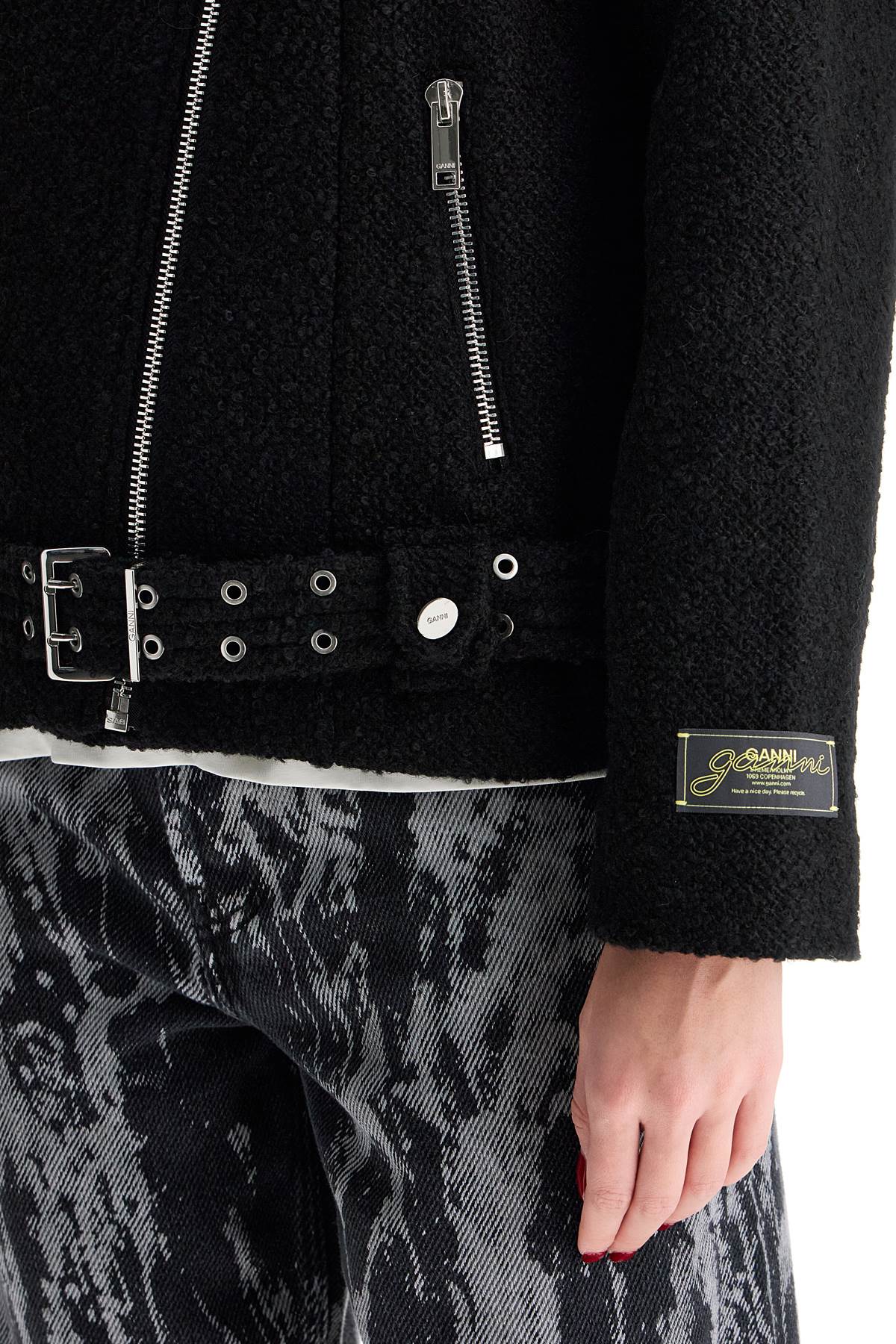 Ganni Boucle Wool Zip-up Biker Jacket In Black (black)