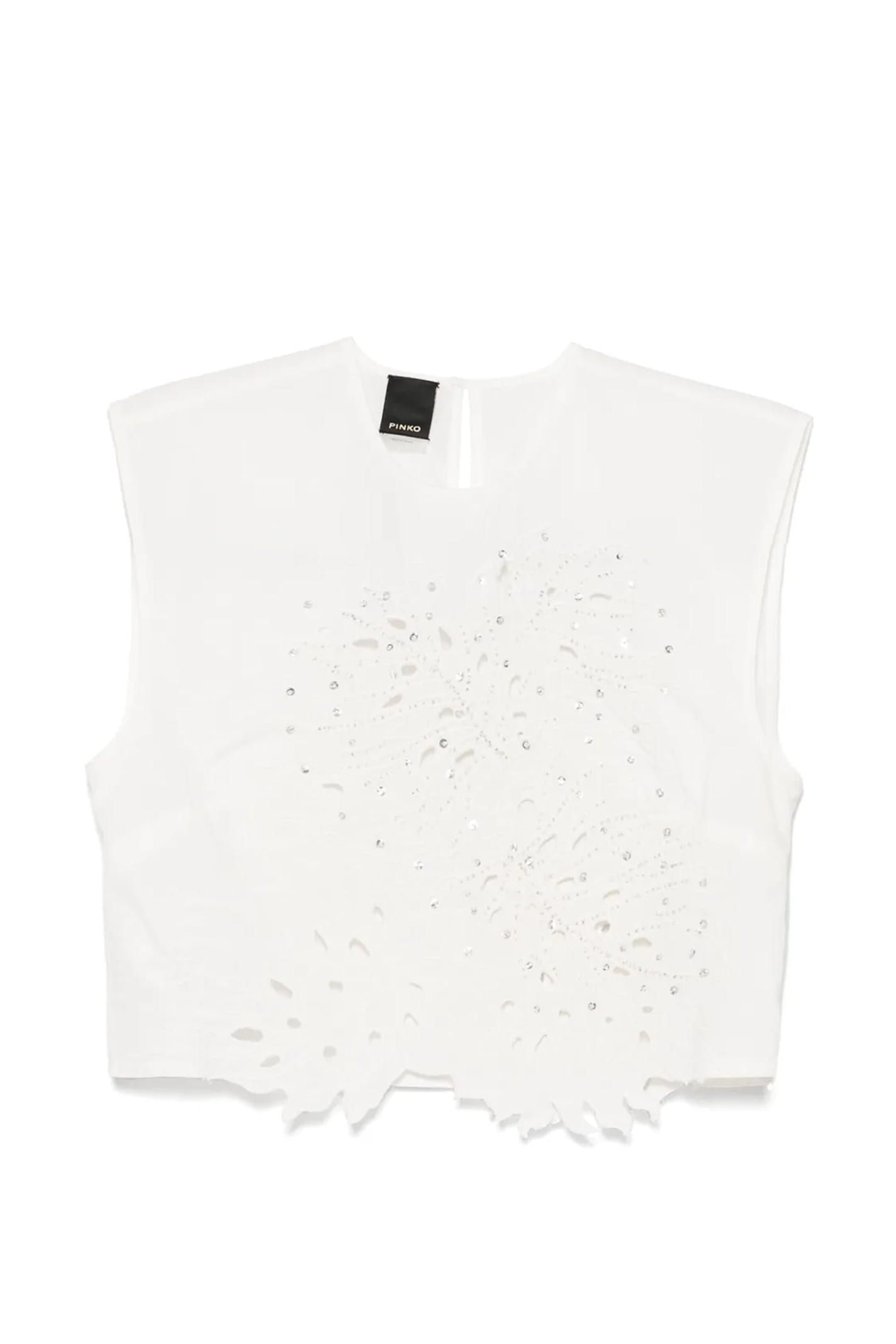 Pinko Crop Top With Openwork Embroidery And Crystals In White