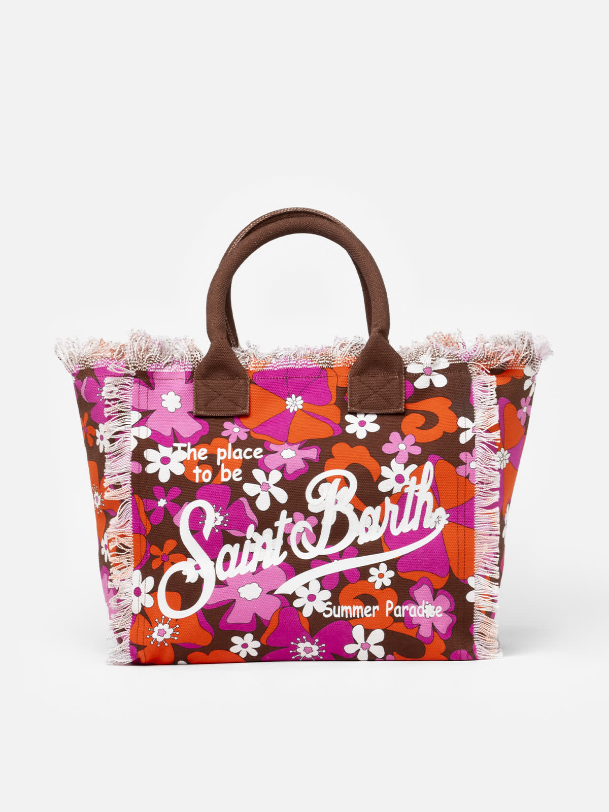 Mc2 Saint Barth Cotton Canvas Tote Bag With Retro Flower Print In Brown