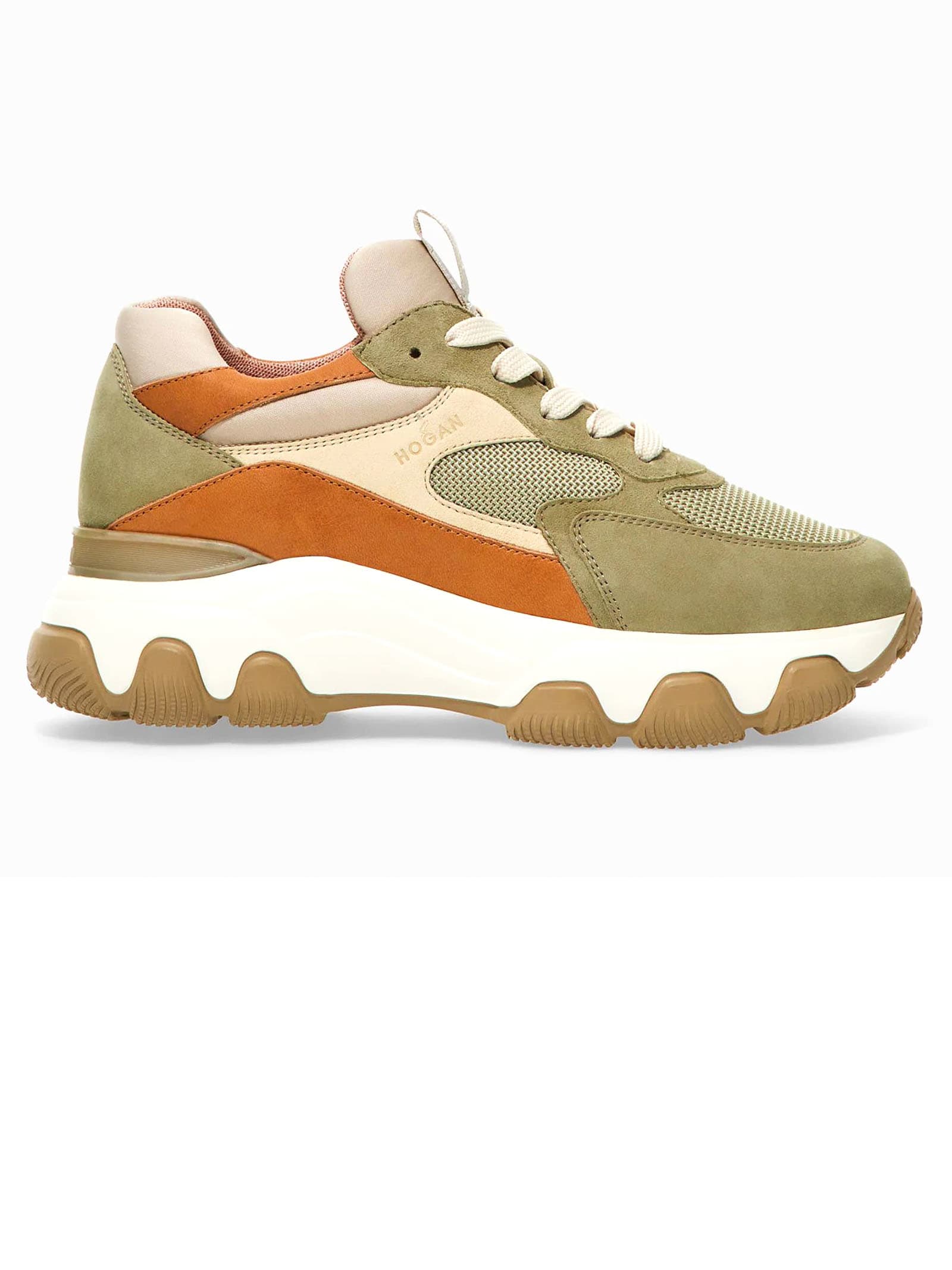 Hogan Snaekers Hyperactive In Camoscio E Tessuto Verde Dettagli Cuoio