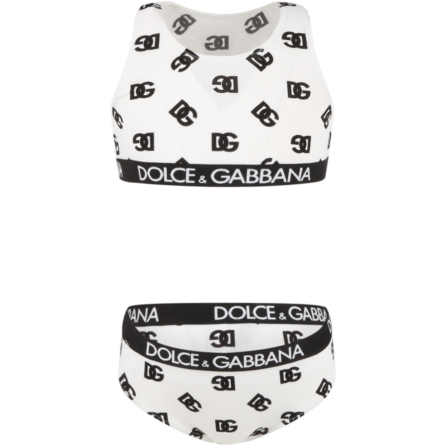 Dolce & Gabbana White Set For Girls With Black All-over Logo