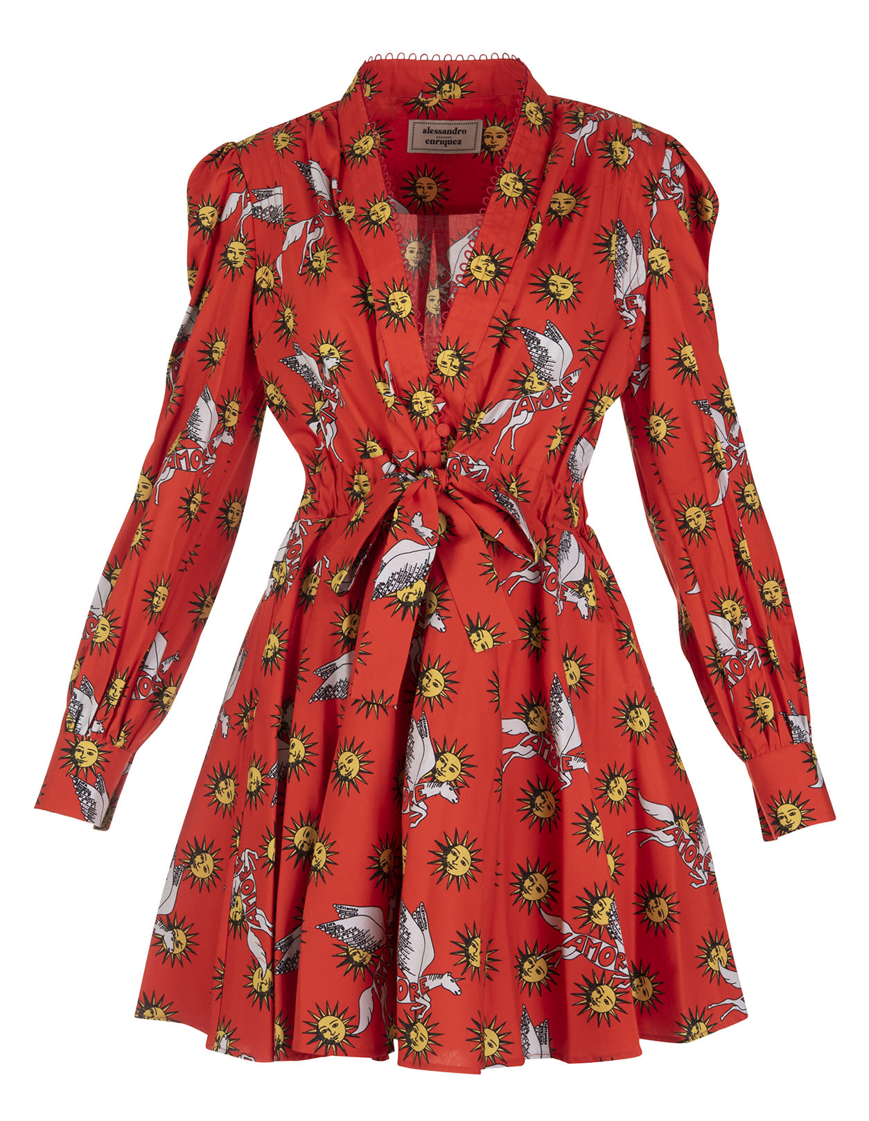 Alessandro Enriquez Short Red Dress With All-over Sun Print In Rosso