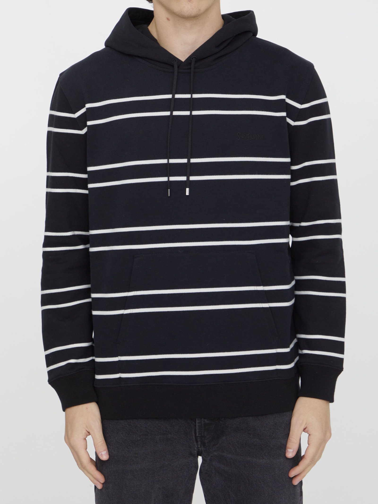 Saint Laurent Striped Cotton Hoodie In Black