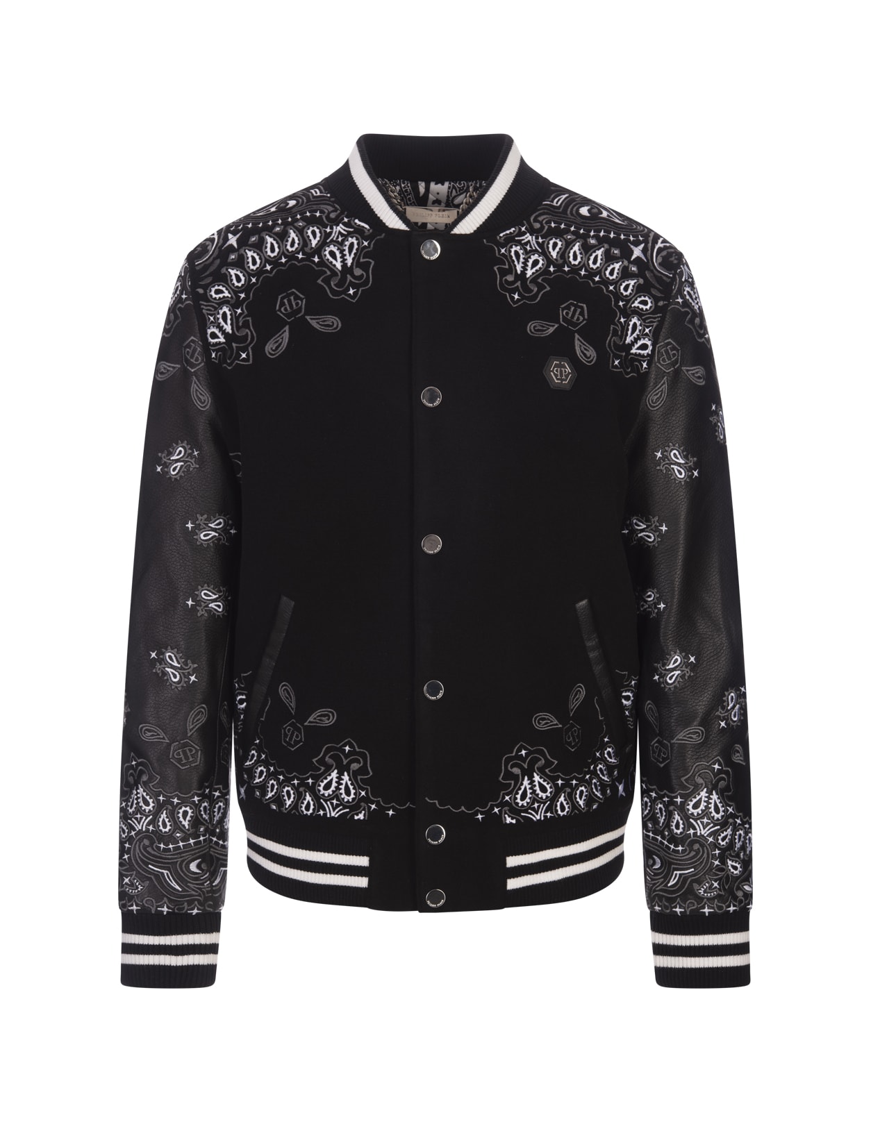Shop Philipp Plein Foulard Paisley Bomber Jacket In Black Wool And Leather In Nero