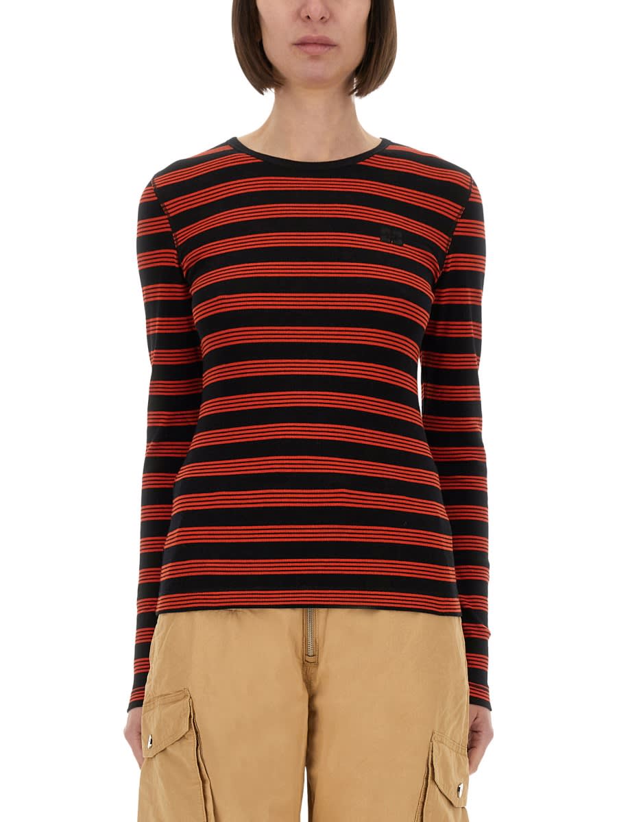 Ganni Fitted Long-sleeved T-shirt With Bold Striped Pattern In Red