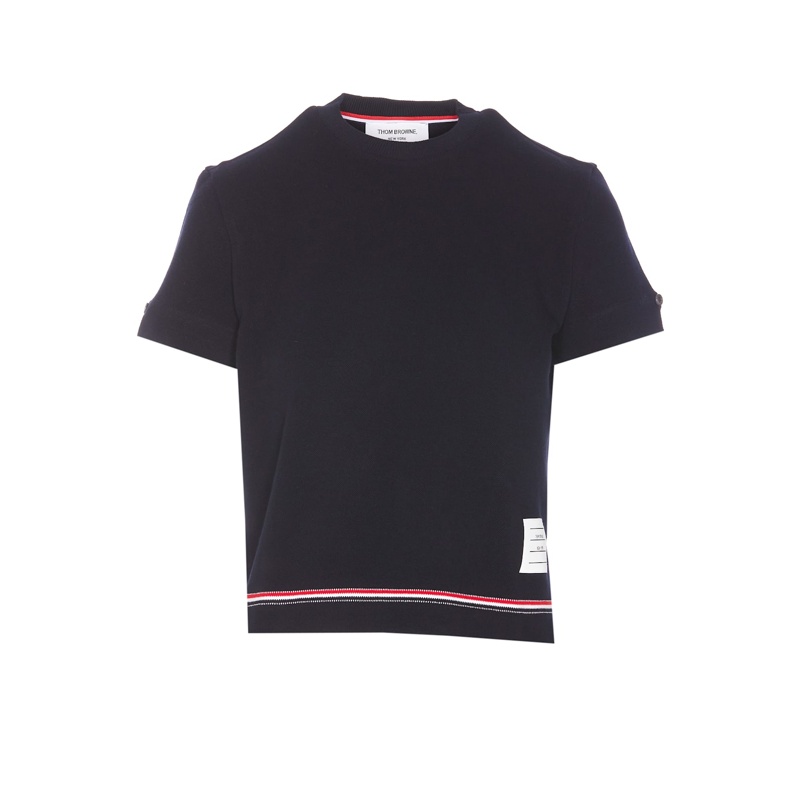 Thom Browne Navy Blue Piqué Cotton T-shirt With Tricolor Stripe In Blue