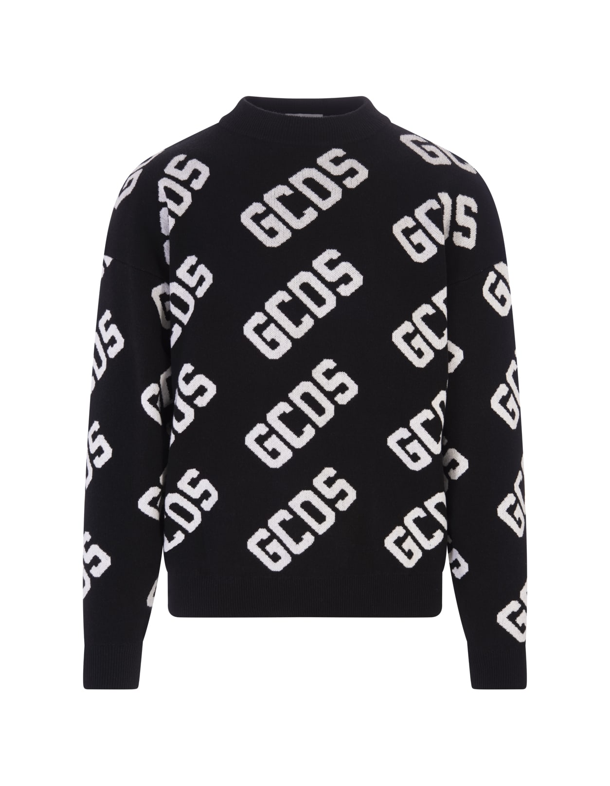 GCDS Man Black Sweater With White All-over Monogram Logo