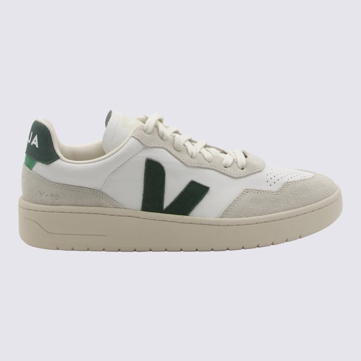 Shop Veja White And Green Leather V-90 Sneakers In Extra-white_cyprus