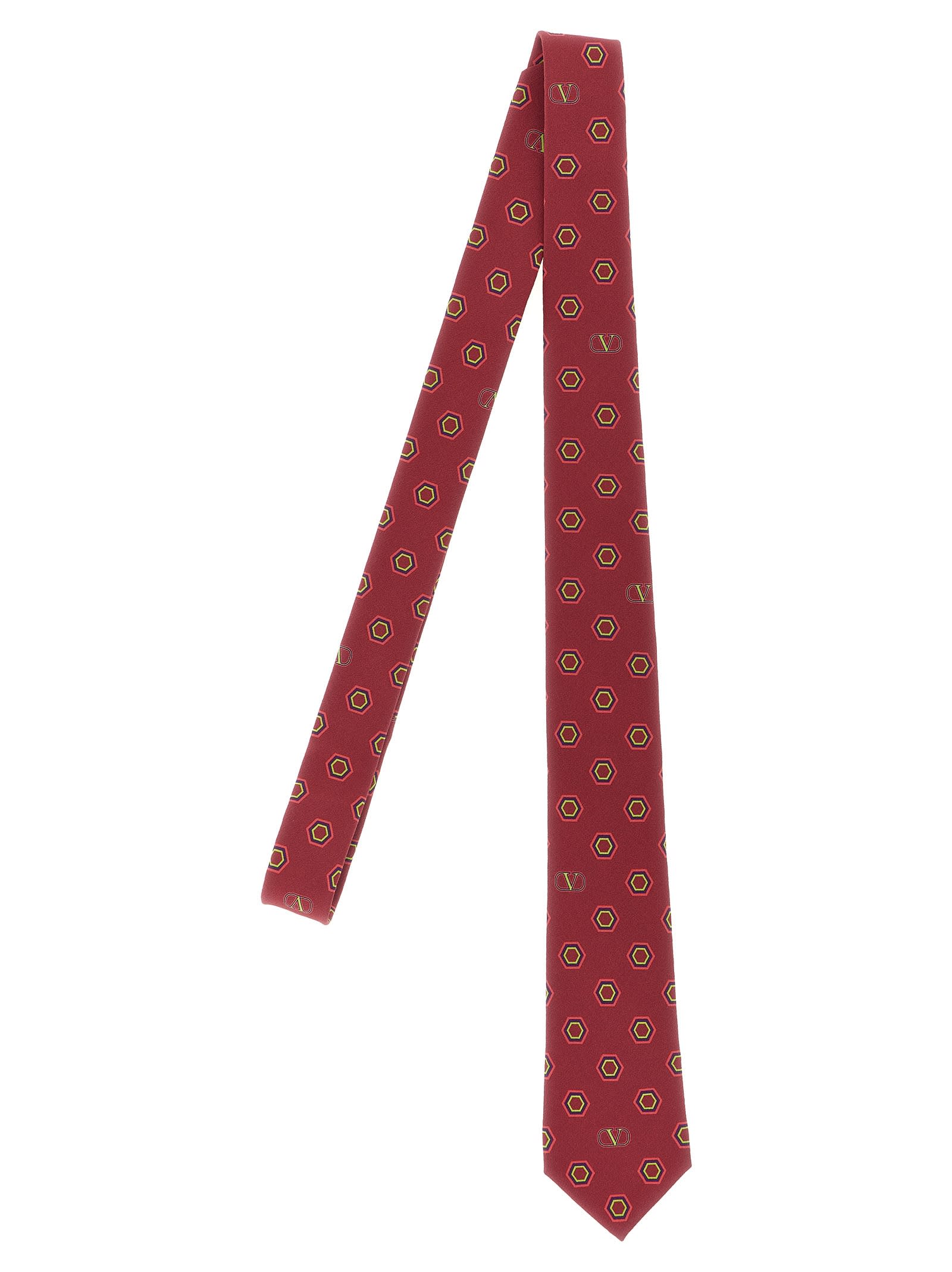 Valentino Silk Tie With Hexagonal Pattern Slim Design In Red