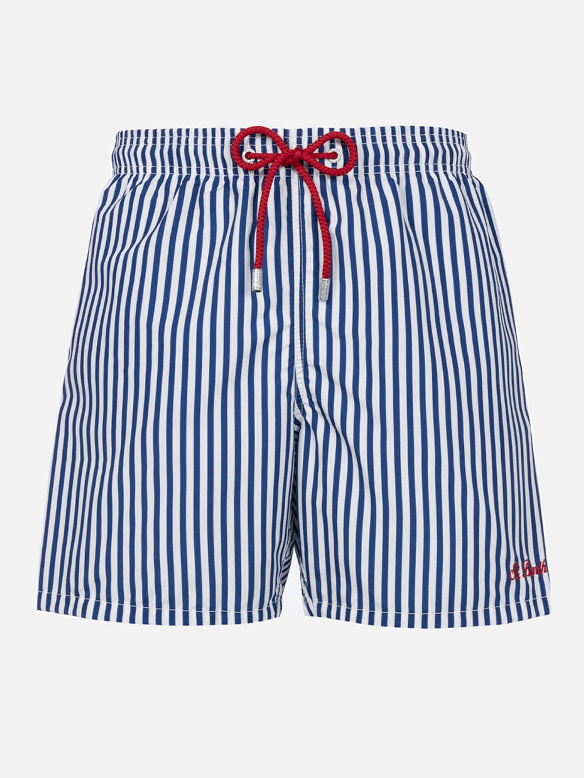 Mc2 Saint Barth Man Mid-length Striped Gustavia Swim-shorts With St. Barth Embroidery In Blue