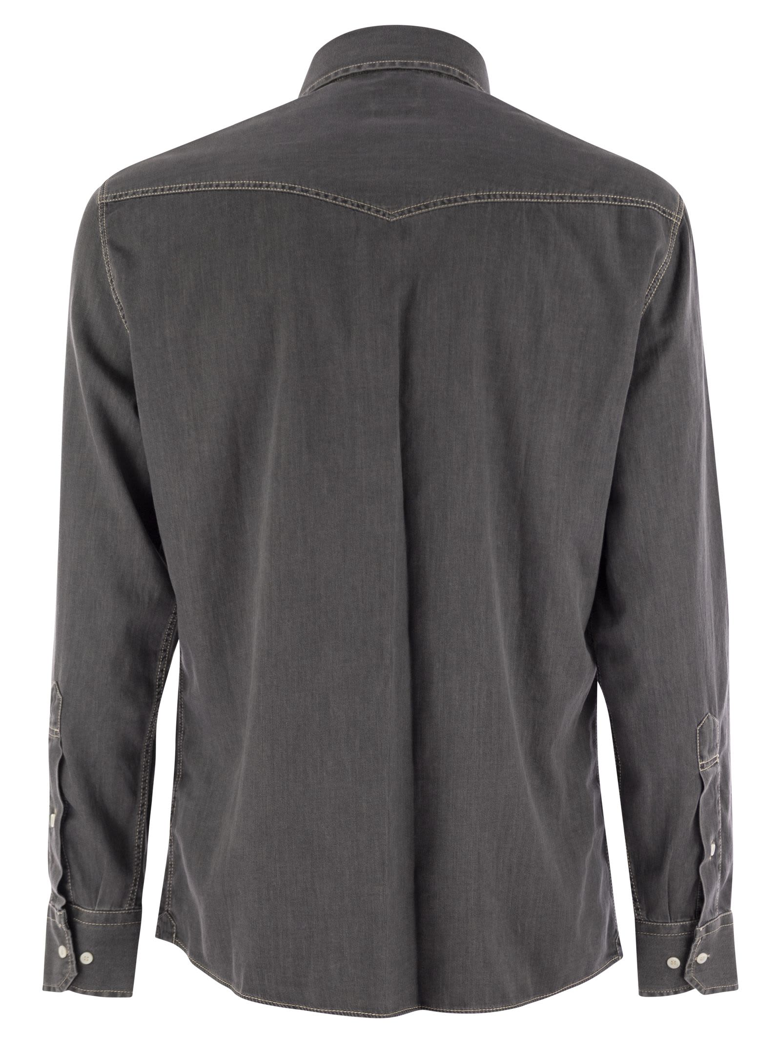 Shop Brunello Cucinelli Easy Fit Shirt In Light Denim With Press Studs In Grey