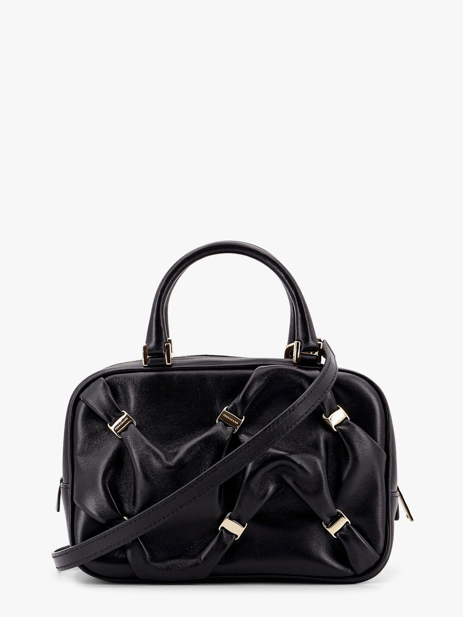 Ferragamo Leather Handbag With Draped Details Secured By Mini Vara Bows In Black