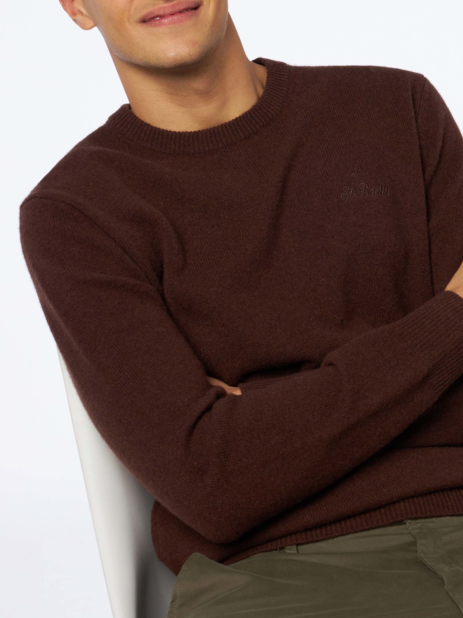 Mc2 Saint Barth Man Crewneck Brown Sweater With St. Barth Embroidery In Brown