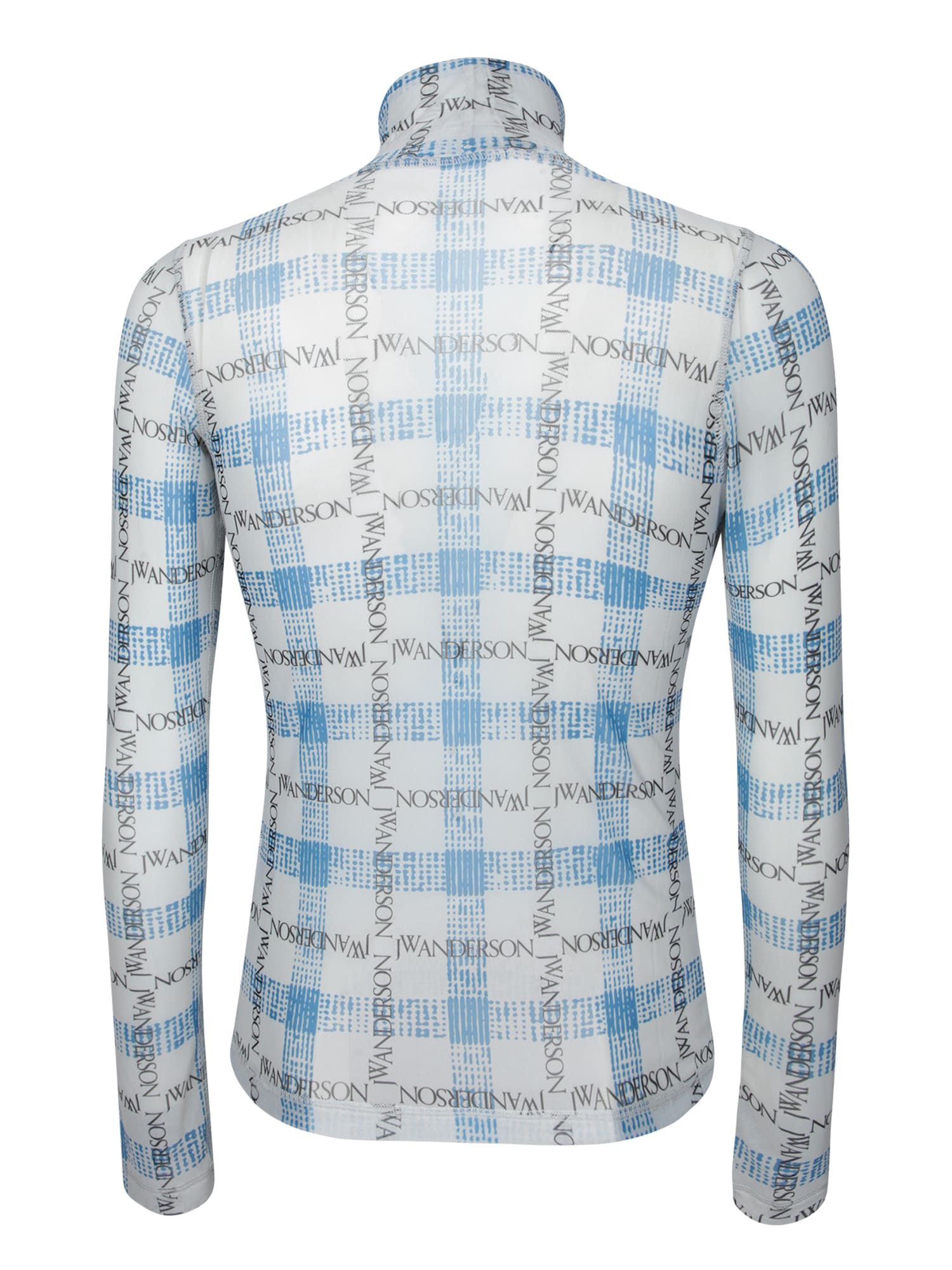 Jw Anderson Light Blue Turtleneck T-shirt With All-over Check Motif And All-over Logo Print In Tech Fabric Stret In White