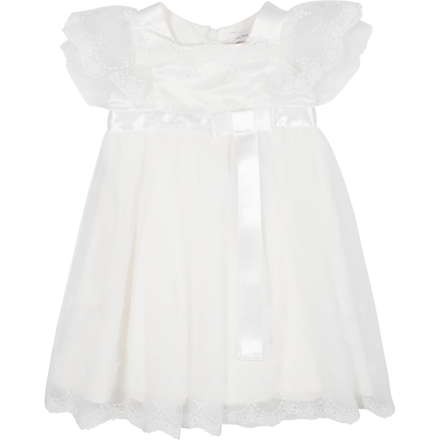 Monnalisa White Dress For Baby Girl With Embroidery And Bow