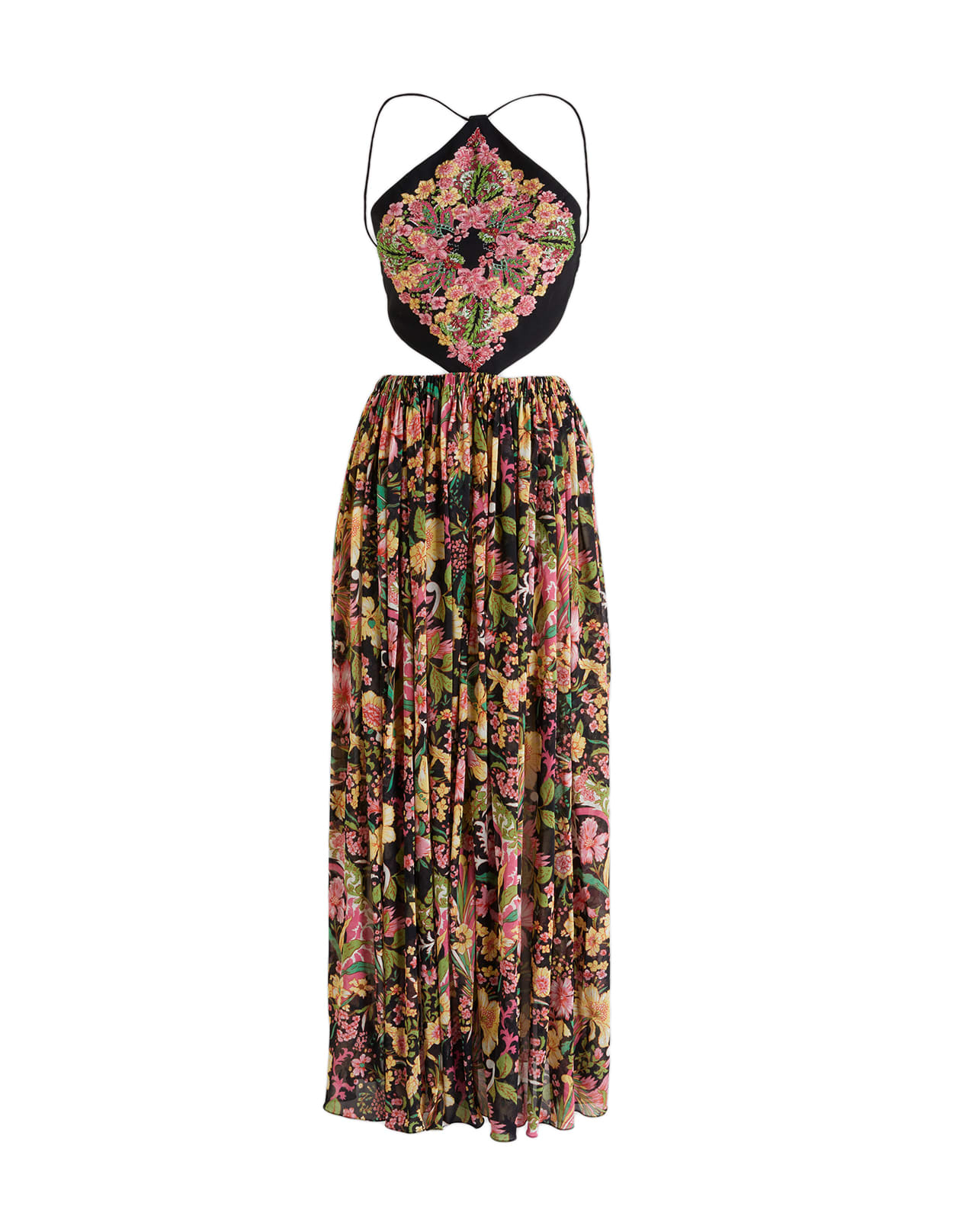 Etro Long Black Dress With Floral Paisley Print And Halter Neck With Cut-out Detail