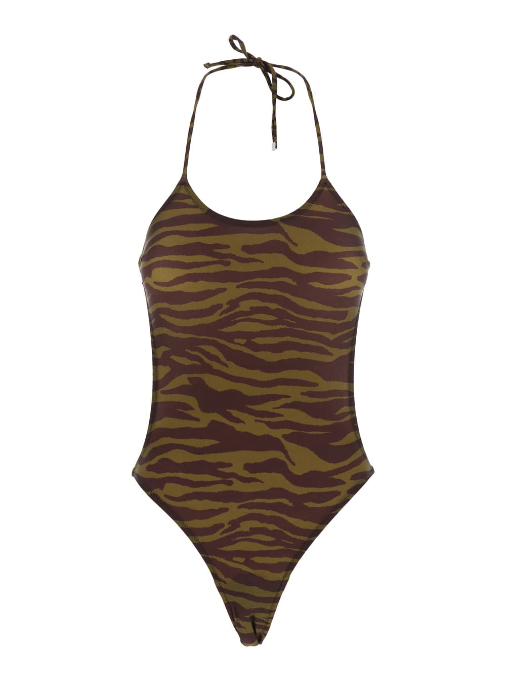 Attico Green Swimsuit With Halterneck With Tie And All-over Print In Tech Fabric Stretch Woman