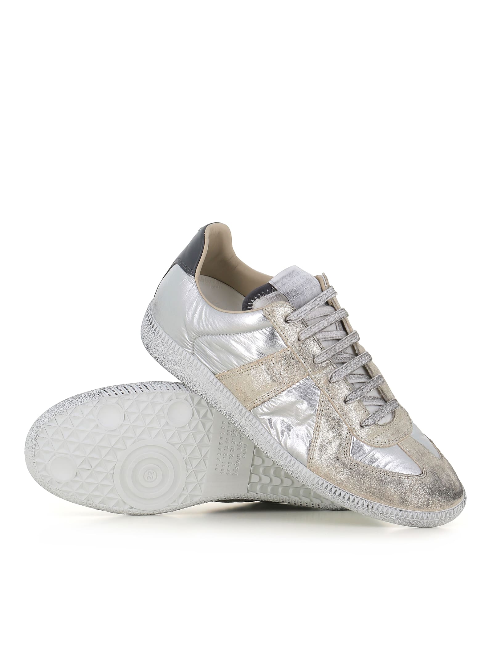 Maison Margiela Gold-tone Paneled Sneakers With Lace-up Fastening In Silver