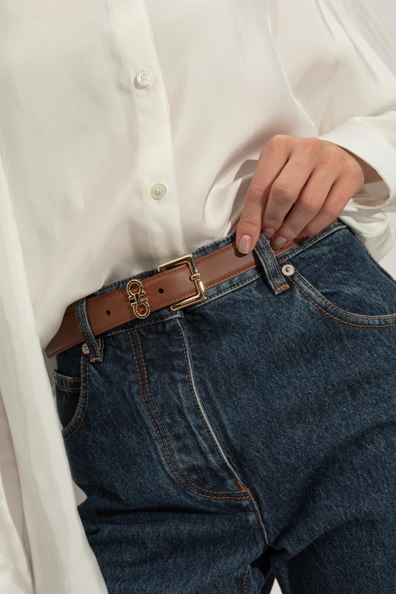 Ferragamo Double Gancini Leather Belt In Brown