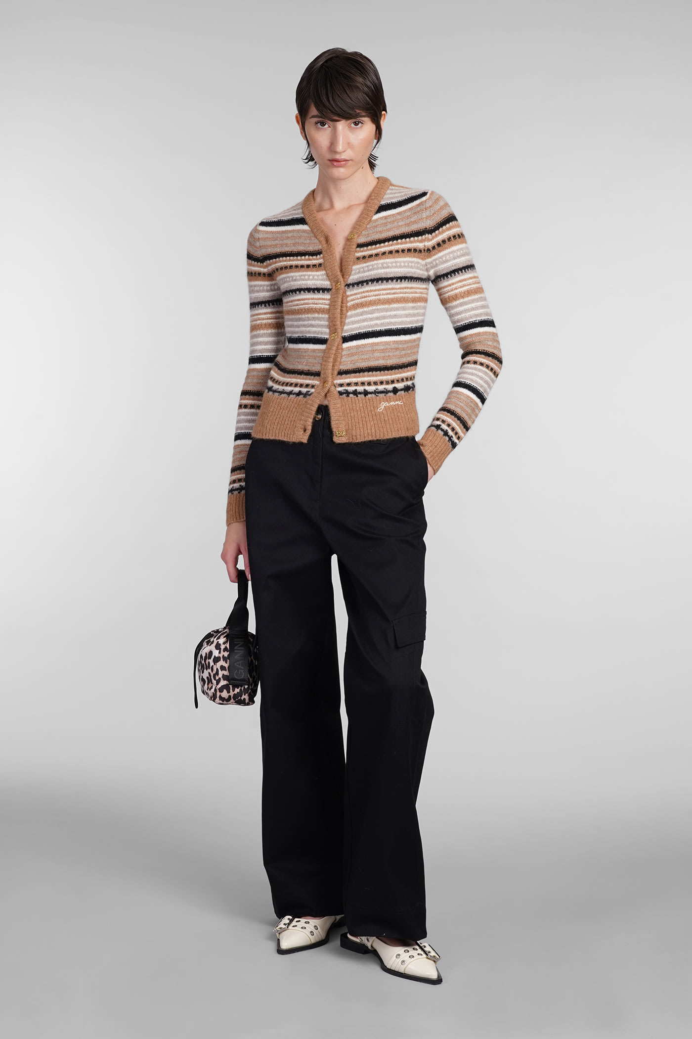 Shop Ganni Cardigan In Beige Wool