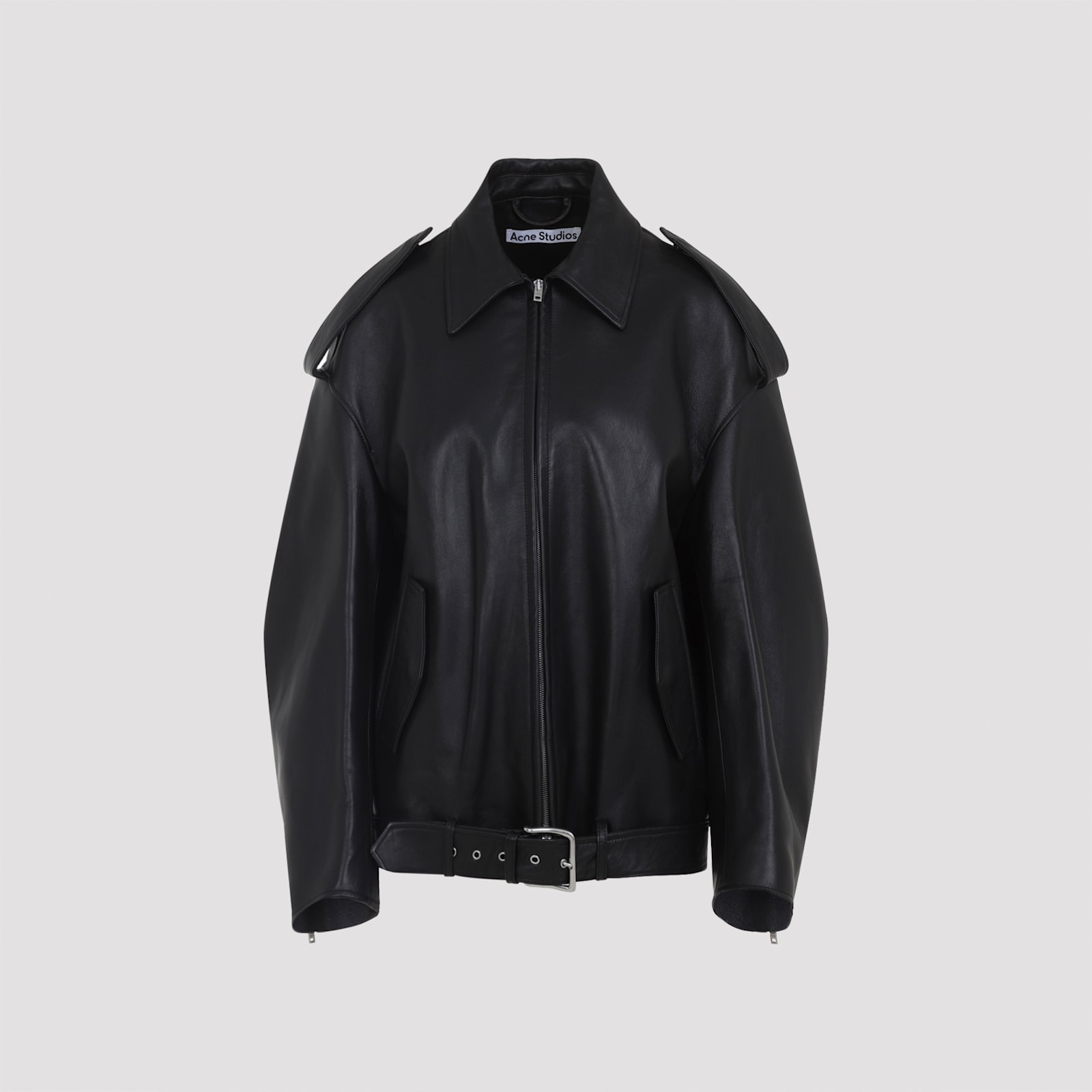 Acne Studios Leather Jacket With Belted Waist And Epaulettes In Black