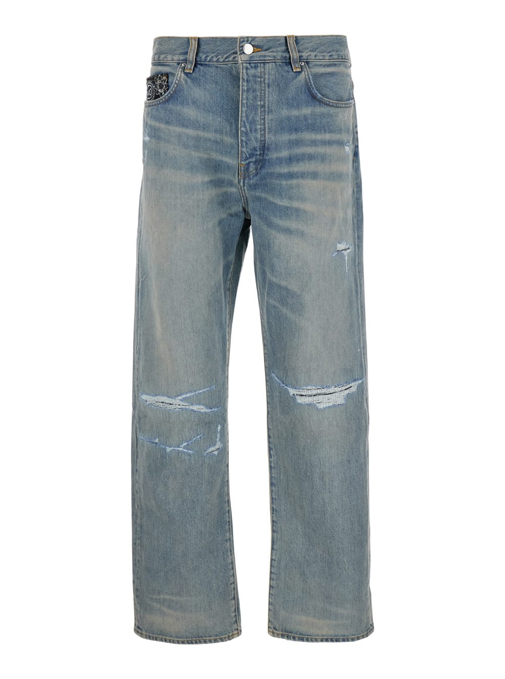 Shop Amiri Light Blue Jeans With Rips And Bandana Detail In Denim Man