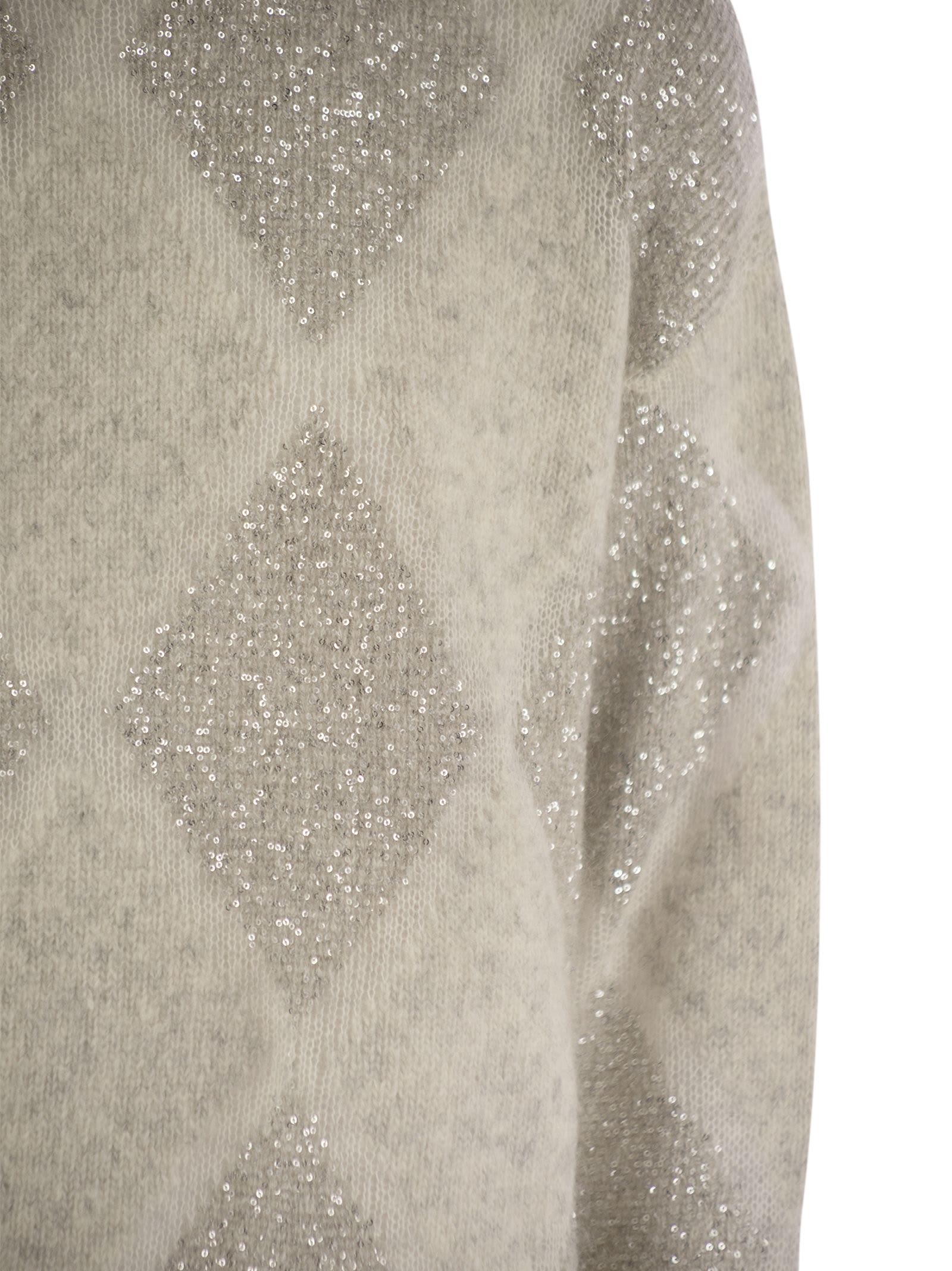 Brunello Cucinelli Dazzling Argyle Wool And Mohair Sweater In Pearl