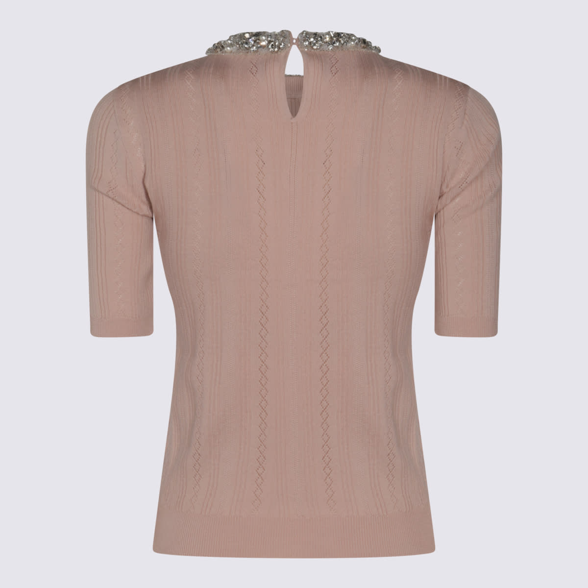 Valentino Beige Vertical Striped Slim Fit Short Sleeve Sweater In Nude
